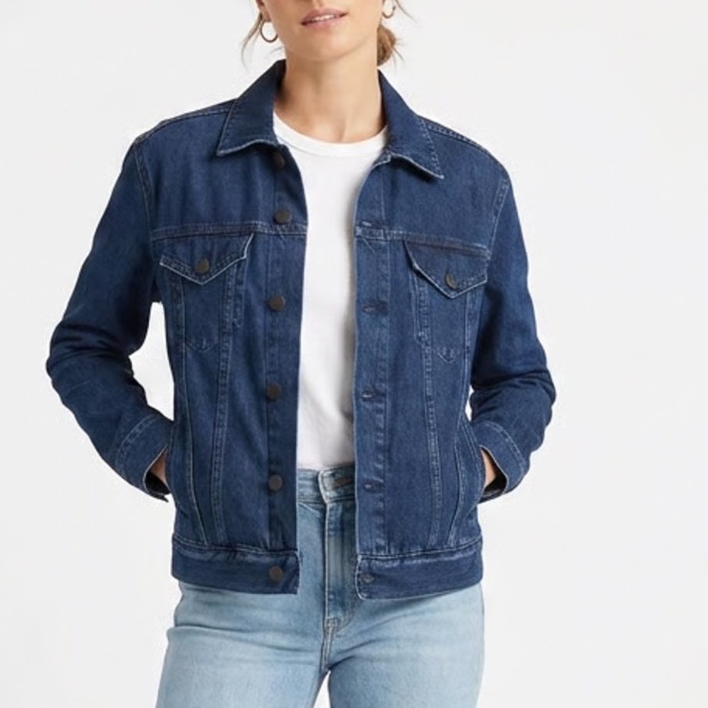 ABLE Dark Wash Denim Trucker Jacket Cotton Lyocell Blend Blue Size L - Picture 1 of 6